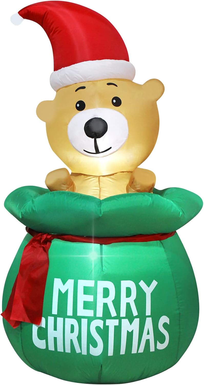 5 Feet Christmas Inflatable Bear with Santa&#x27;s Bag Lighted Blow Up Christmas Yard Decoration with Built in Fan and Anchor Ropes (Bear with Gift Bag)