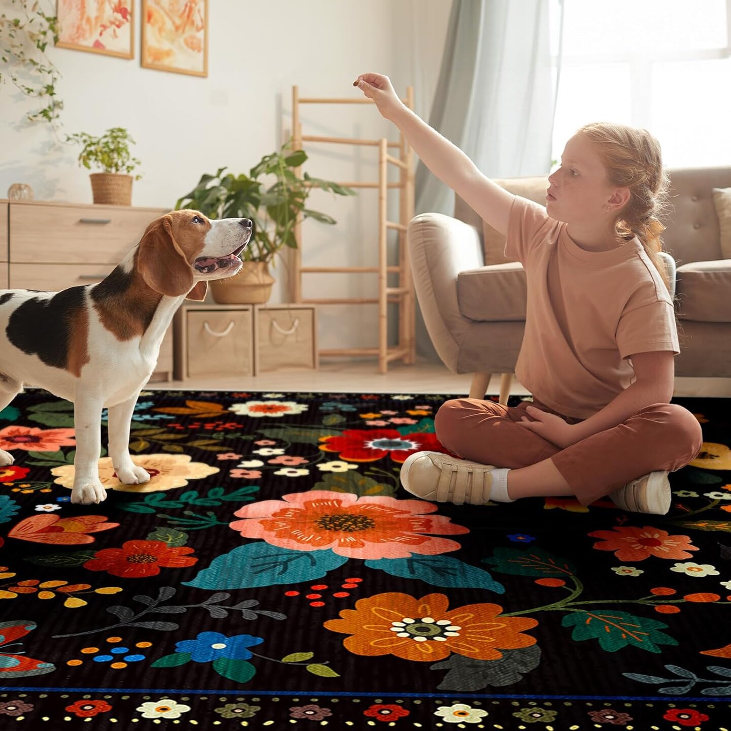 Spring Floral 5x7 Area Rug Machine Washable Boho Carpet Non Slip Doormat Low Pile Flower Area Rugs for Living Room Bedroom Kitchen Dining Room Hallway Entryway Indoor-Black