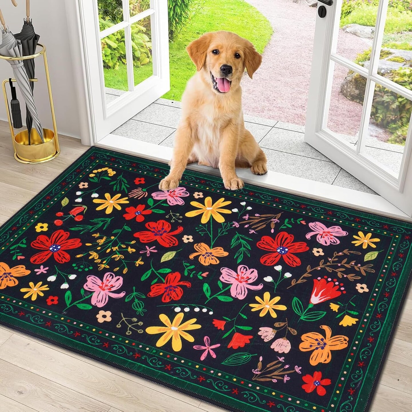 Floral Door Mat Indoor Entrance, Farmhouse Area Rug 2x3 Entryway Rug Non-Slip Washable Front Door Mat Spring Summer Area Rug Soft Faux Wool Low Pile Throw Rug Small Black Rug for Entry(Black)