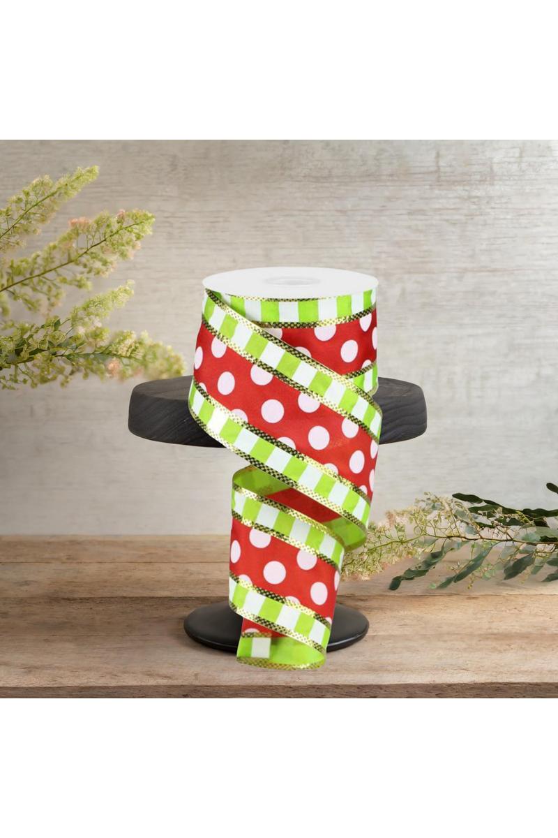 2.5&#x22; Striped Edge Polka Dot Ribbon: Red, Lime &#x26; White (10 Yards)