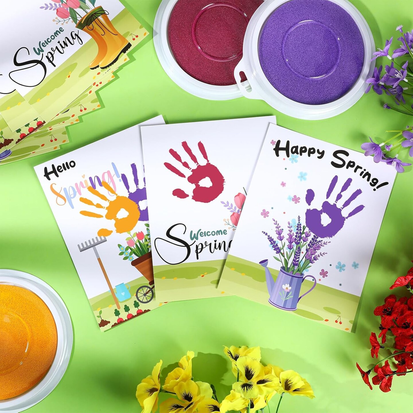 30 Pcs Spring Flower Handprint Activity Crafts Greeting Cards with 3 Pcs Large Ink Pads Spring DIY Craft Kits Break Activity Gift Supplies