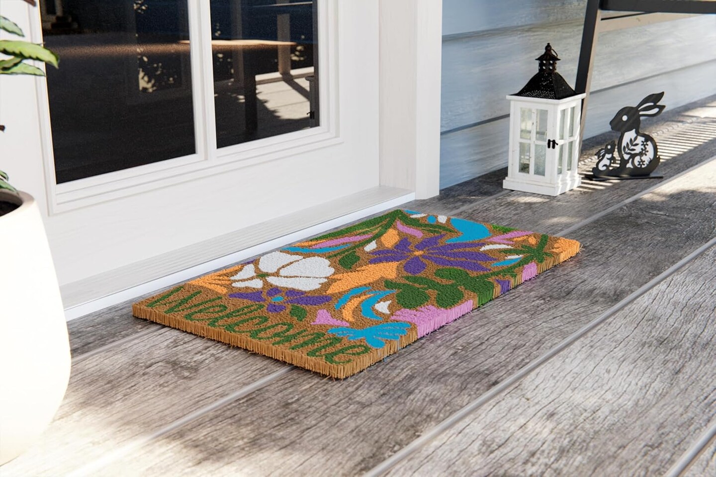 Spring Welcome Bike with Flowers and Welcome Floral, Floral Design Natural Coir Fiber Doormat, Perfect for Any Entryway, Anti-Slip Mat Backing (Floral)