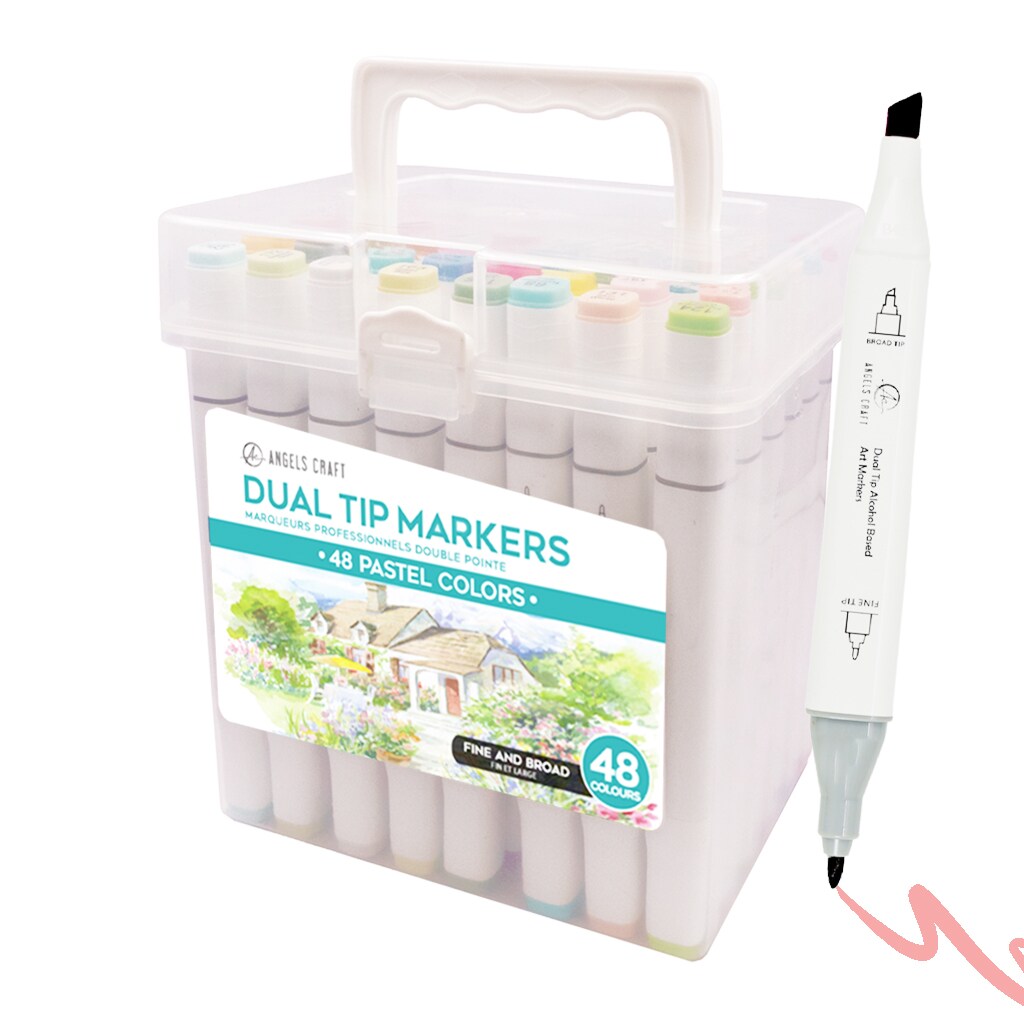 Angels Craft 48 Count Dual Tip Alcohol Markers in Pastel Colors Includes Clear Plastic Storage Case