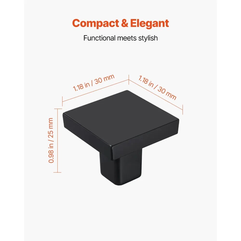 Pack of 10 Cabinet Knobs 1.18" Black Zinc Alloy Square Drawer Pulls Door Handles with Screws