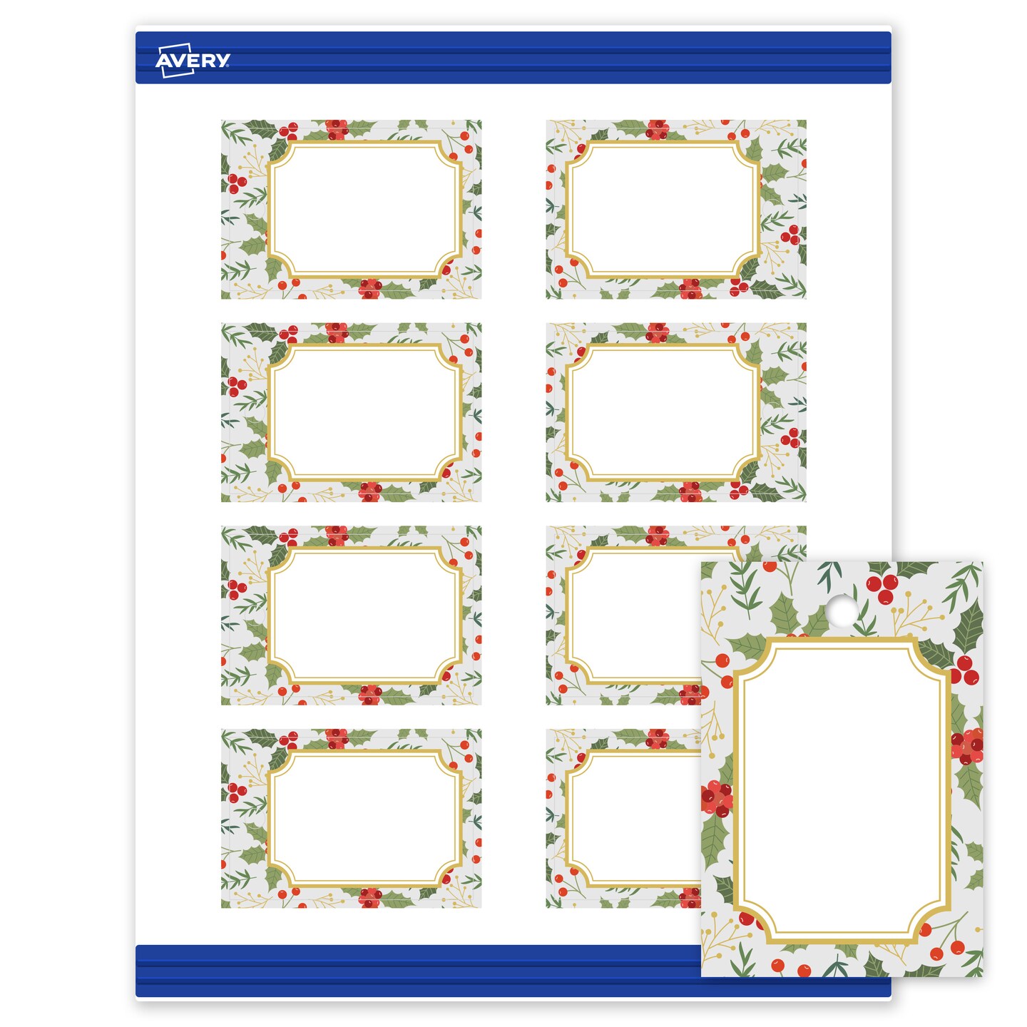 Avery Printable Tags with Sure Feed Technology, Rectangle, 2" x 3", Pre-Printed Light Blue Border with Metallic Gold Frame Design, Matte White, Laser & Inkjet Compatible, 80 Total