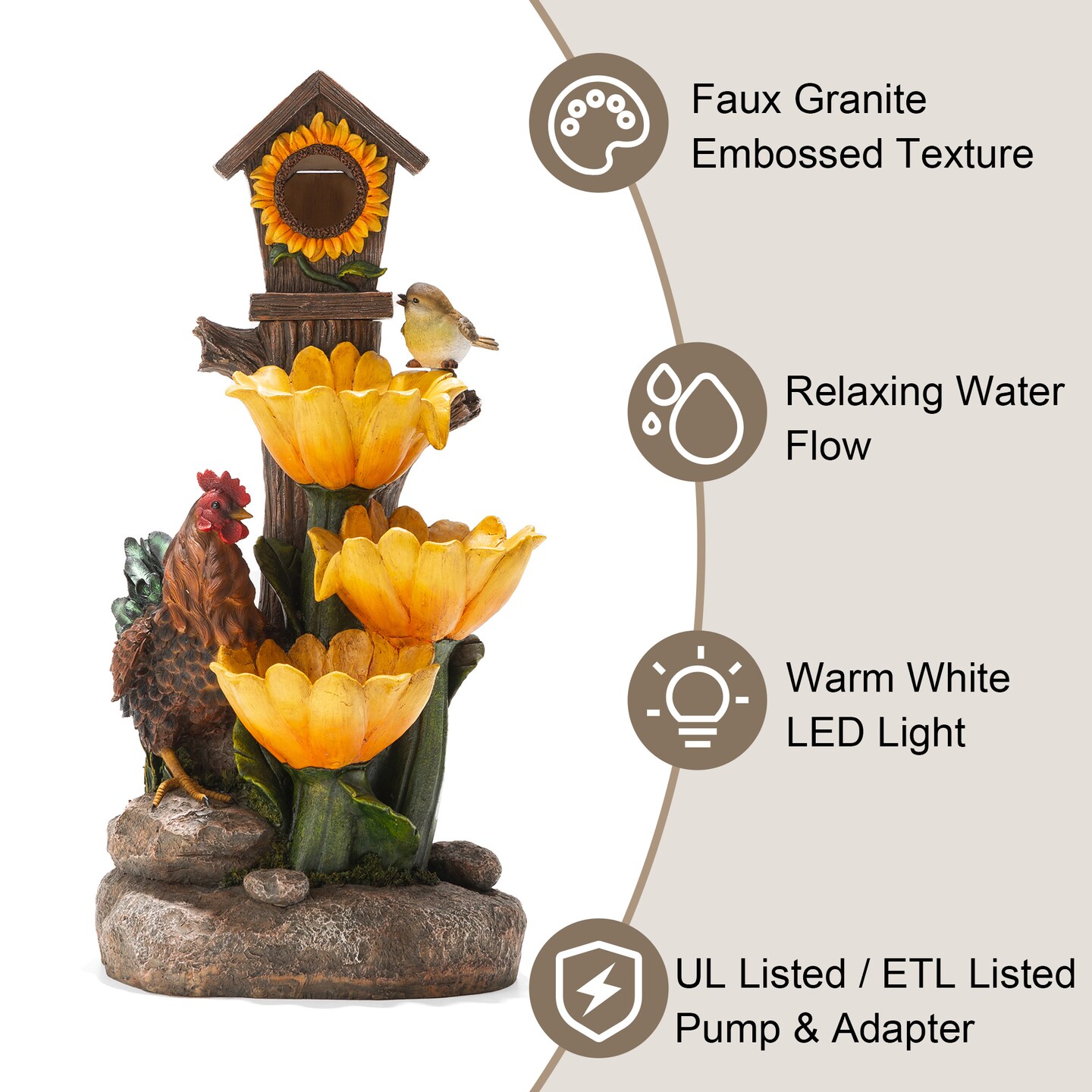 28.5&#x27;&#x27;H Farmhouse Sunflowers and Birdhouse Polyresin Outdoor Fountain with Pump and LED Light