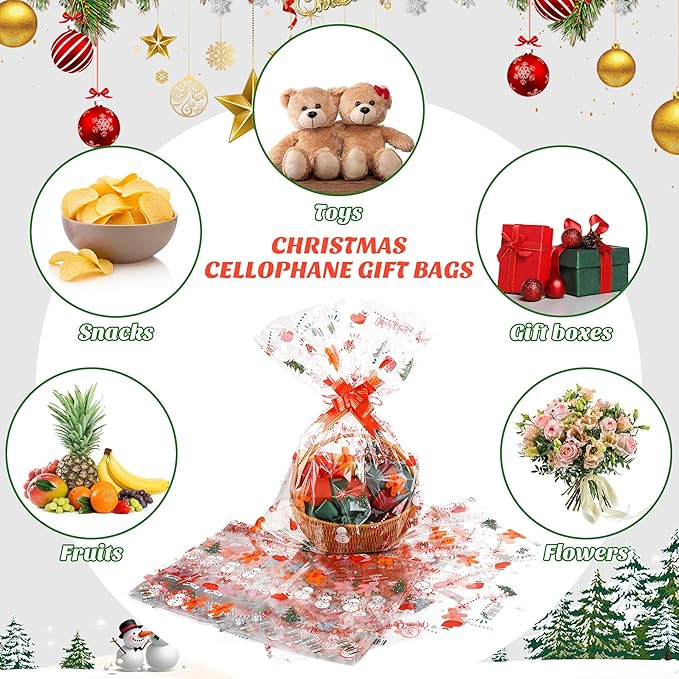 Basket Bags Clear Cellophane Bags 20 x 28 Inch Red Green Basket Bags Clear Thickened Gift Cookie Bags with Red Green Twist Ties, Bows Ribbon for Christmas Gift Baskets