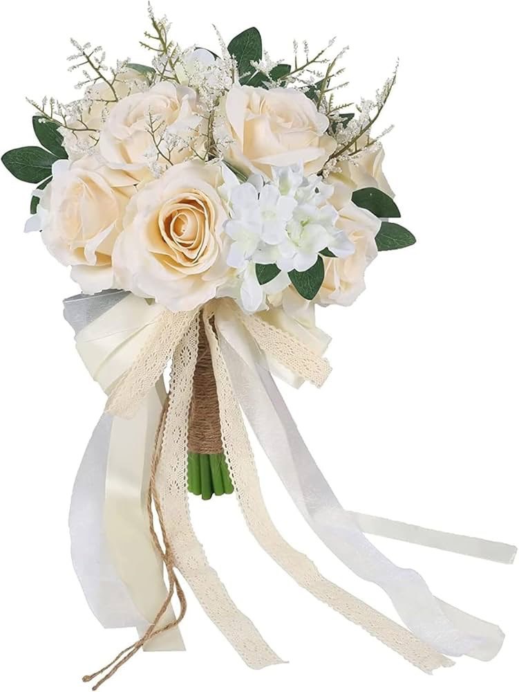 Wedding Bouquets for Bride Bridesmaid, White Champagne Ivory Bridal Bouquet Artificial Flowers Roses Tossing Bouquet for Wedding Ceremony