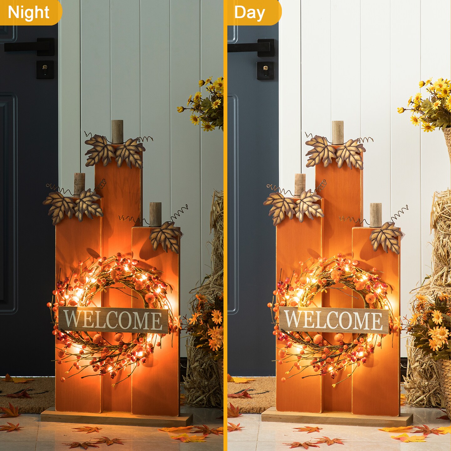 30&#x22;H Fall Lighted Wooden Pumpkin D&#xE9;cor w/Wreath with Timer