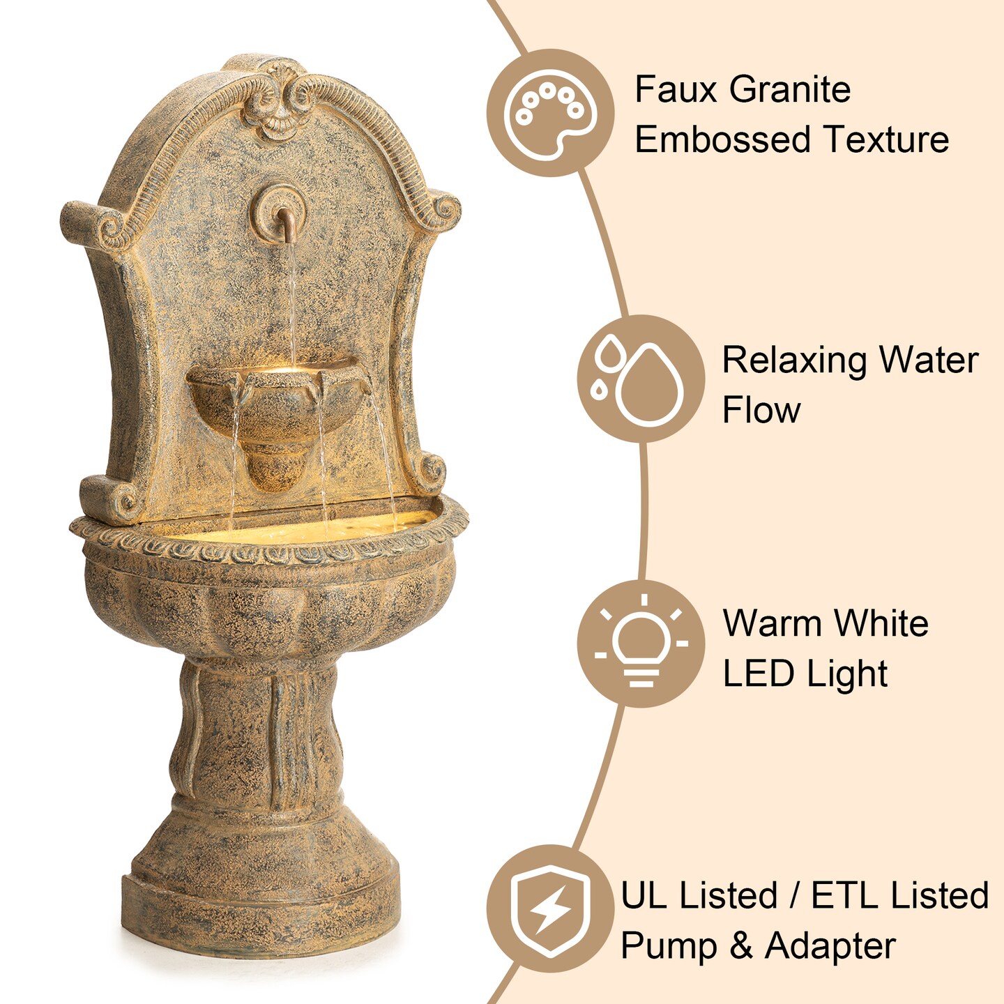 49.25''H Antique European Style Faux Granite Sculptural Multi-tiered Pedestal Polyresin Outdoor Floor Fountain with Pump and LED Light