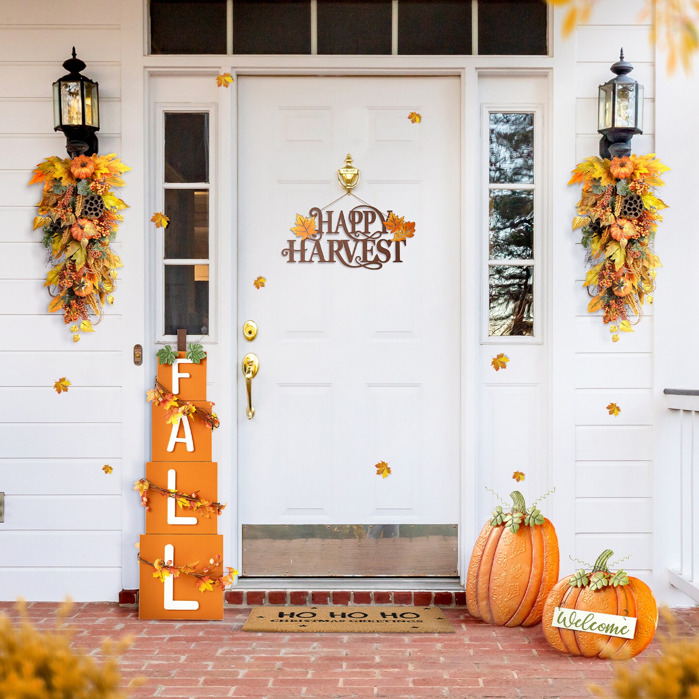 Set of 2 Fall Metal Embossed Glitter Pumpkin Yard Stake or Porch Decor (KD, Two Function)