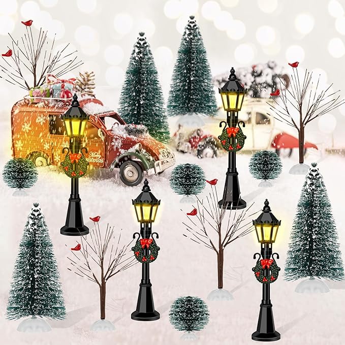 16 PCS Christmas Figurine Village Accessories, Christmas Mini Street Light Models with Brush Trees, Miniature Christmas Pathway Street Lamps Lantern Post for DIY Micro Landscape Fairy Garden