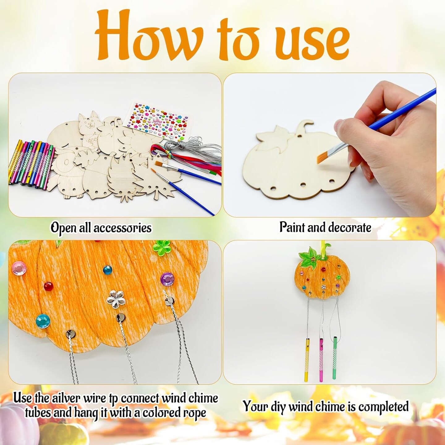 16 Pack Fall Wind Chime Kit for Kids Thanksgiving Wooden Paint Arts(COLORFUL)4 x 4 x 2 inches