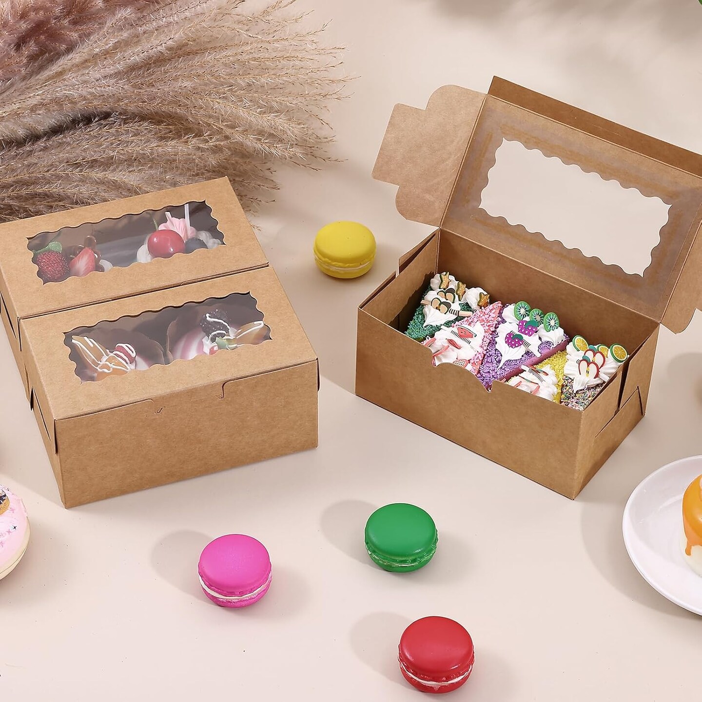 65 PCS Brown Bakery Boxes with Window 6.29 x 3.54 x 2.95 Inch Kraft Pastry Cookie Cupcake Cake Dessert Treat Gift Boxes with Ribbon for Parties Business and Takeout