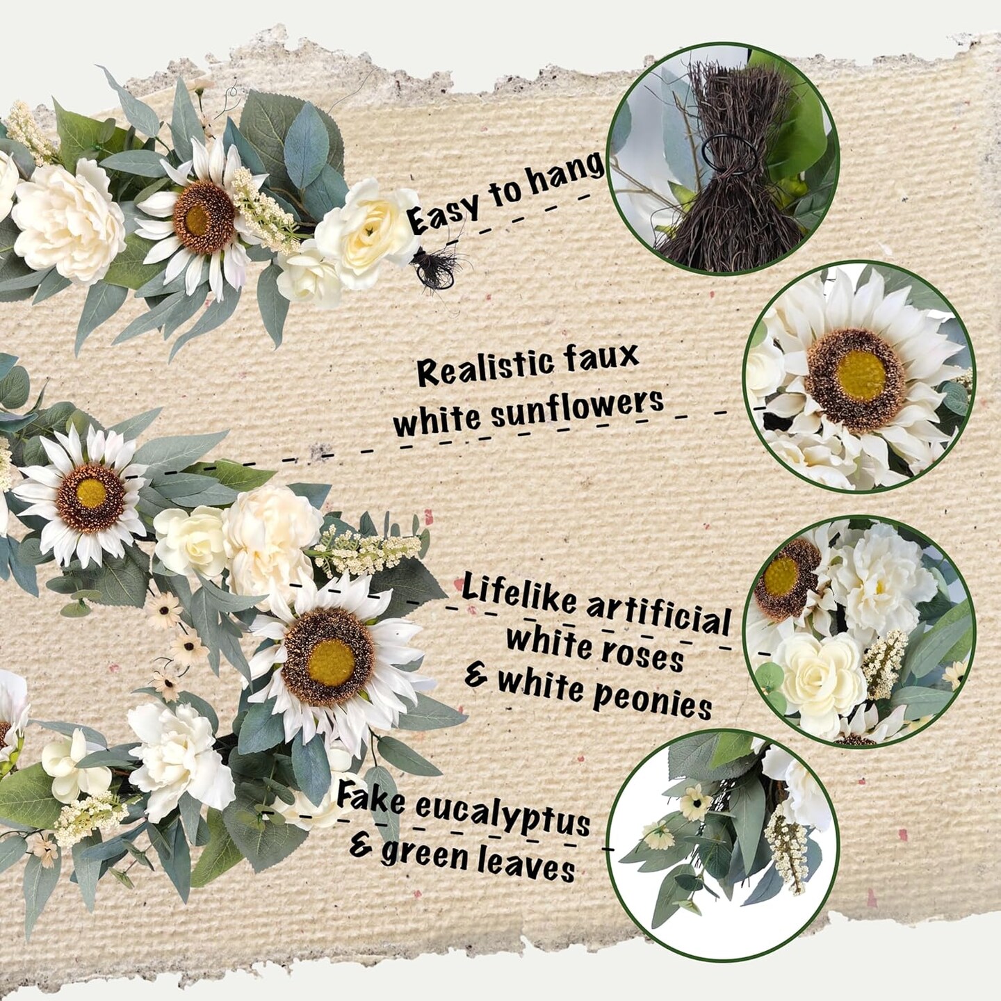 6 ft Flowers Garland Decor - Handcrafted Artificial Sunflower Rose Peony Vine Swag - Spring Summer White Floral Arrangement for Home Table Mantel Railing Stair Door Wedding Party Arch Backdrop