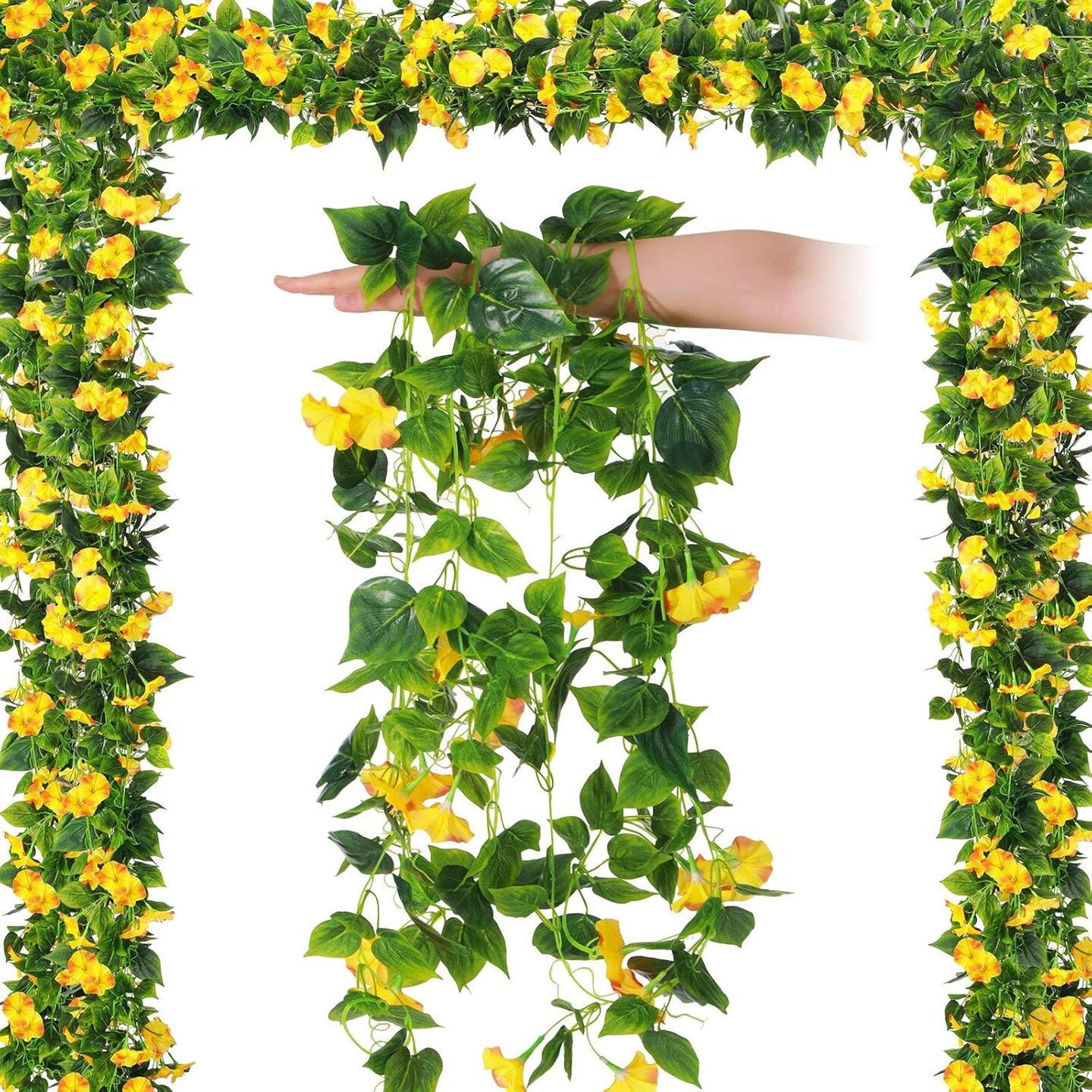 Hotop 6-Pack 7.55 ft Artificial Morning Glory Vines – Faux Silk Hanging Flowers for Indoor & Outdoor Décor, Wall, Fence, Wedding, Banquet, and Party Decorations (Yellow)