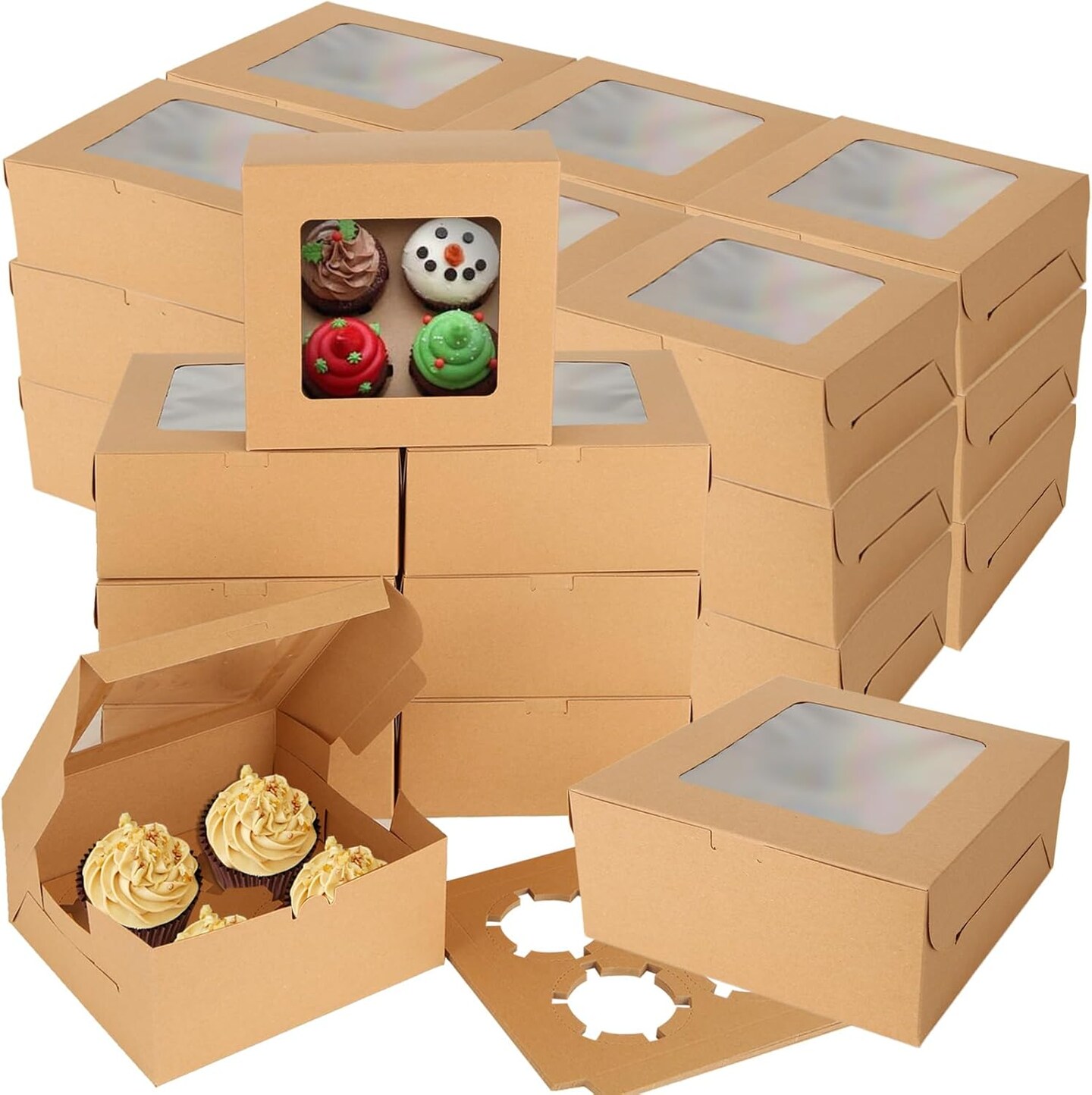 100 Brown Kraft Cupcake Boxes with Window & Insert, 6×6×3 in, 4-Count