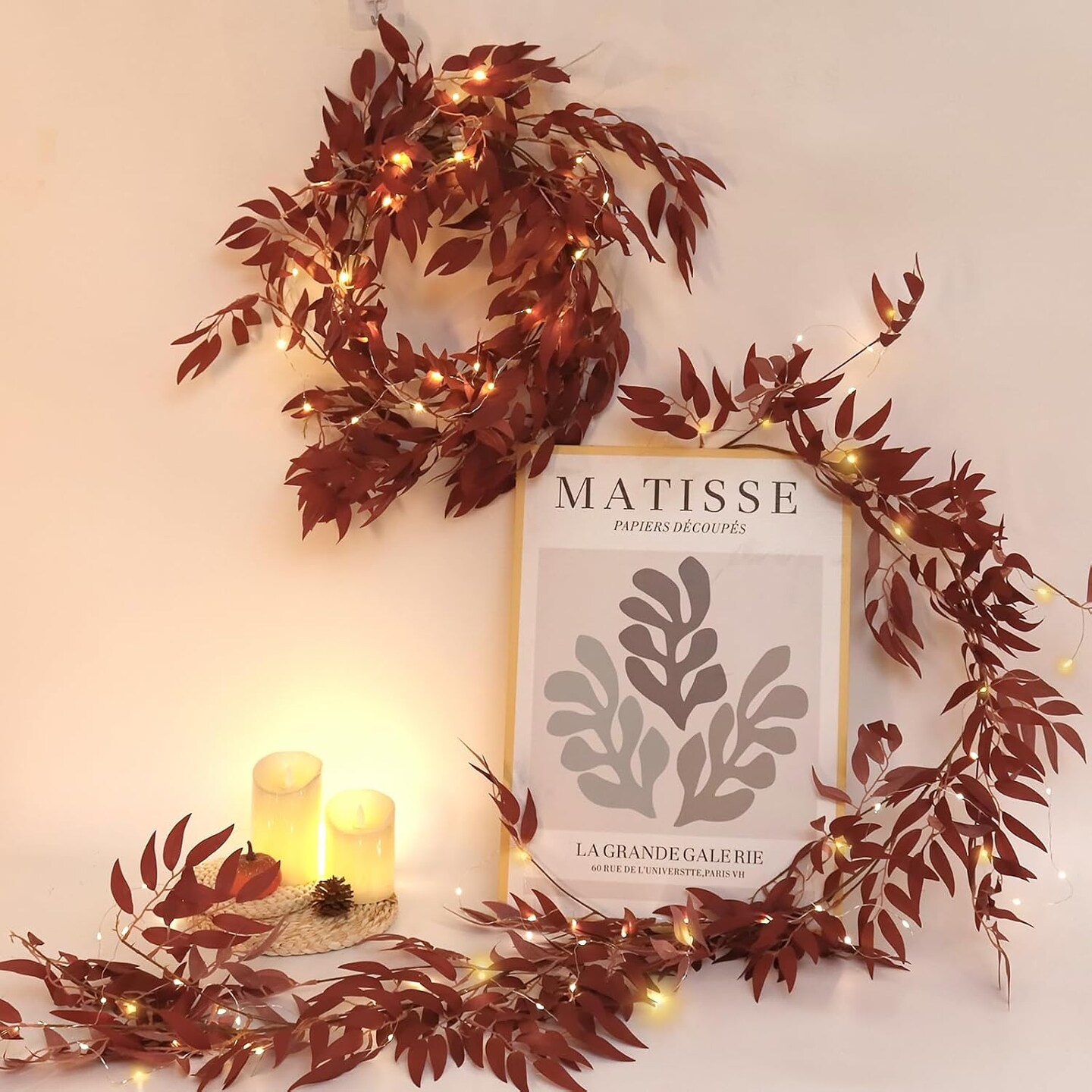 Artificial Hanging Willow Vine Twigs Whit Light 2Pcs 5.7Ft Fake Fall Garland Faux Silk Willow Leaves Ivy Indoor Outdoor