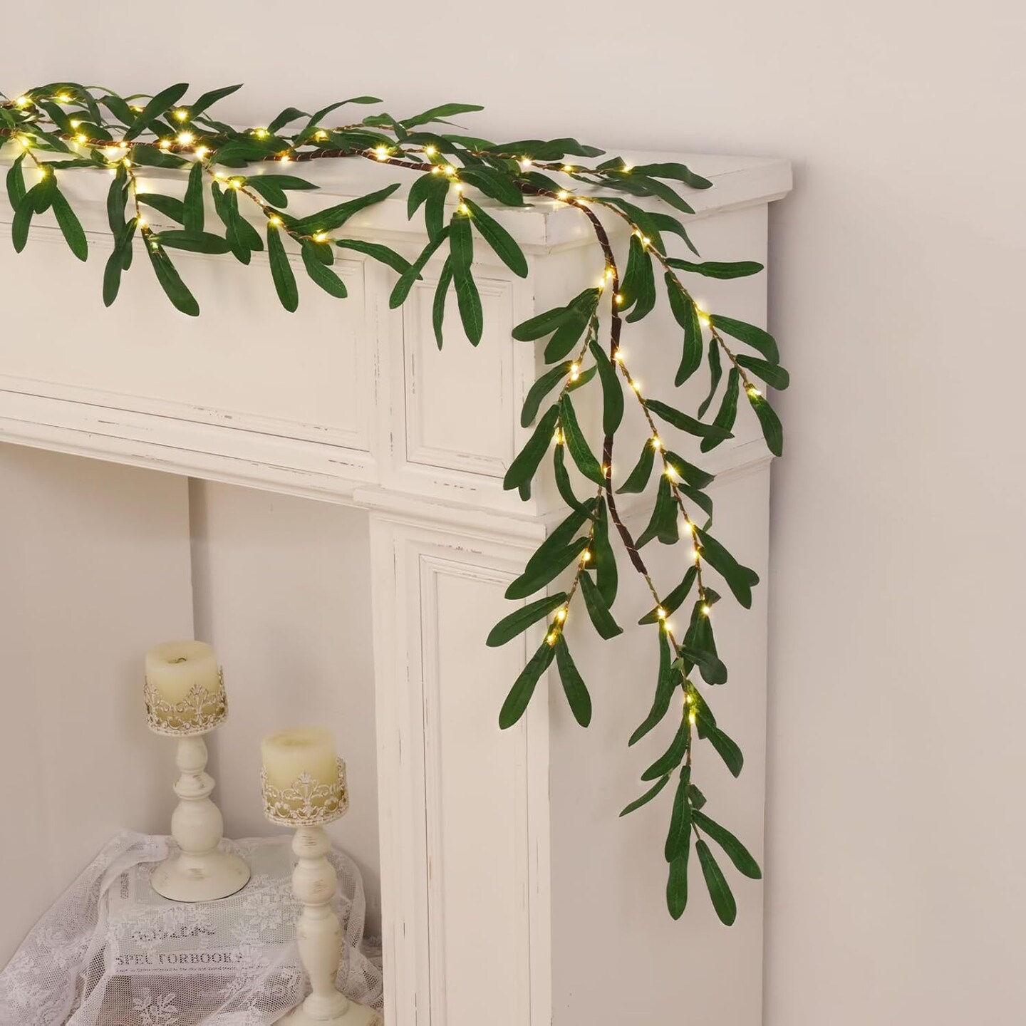6 Ft Olive Garland with Lights, Pre-Lit Artificial Greenery Decor