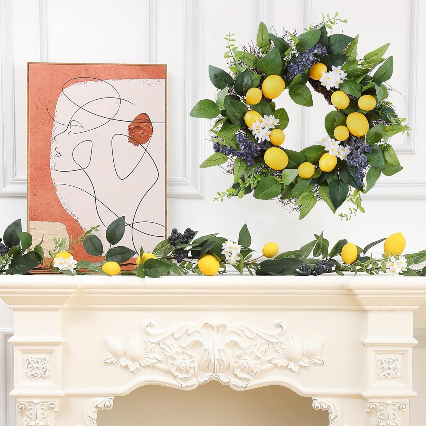 6FT Artificial Lemon Blueberry Garland, Spring Summer Fruit Garland with Lemons Blueberries Greenery Leaves Flowers, Yellow Lemon Garland for Home Front Door Kitchen Wedding Party Decor