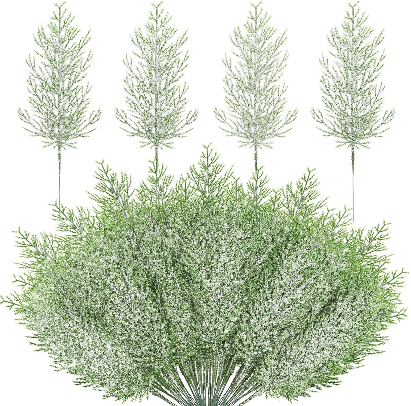 72PCS Artificial Snow Frosted Pine Branches, Spring Greenery Stems Faux Pine Branches, Fake Picks DIY Snowy Pine Stems 13.6"D x 8"W x 13.58"H