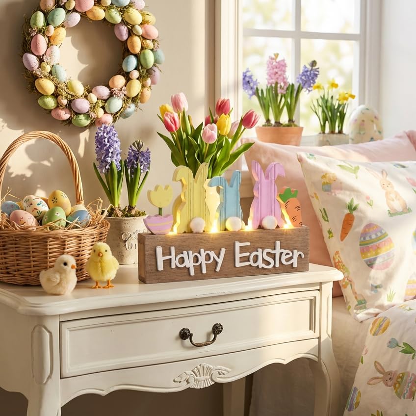 Easter Decorations, Wooden Easter Decor for Table with LED Lights, Lighted Bunny Decorations for The Home Decor Shelf Tiered Tray Living Room, 8 Inch, Pink Blue