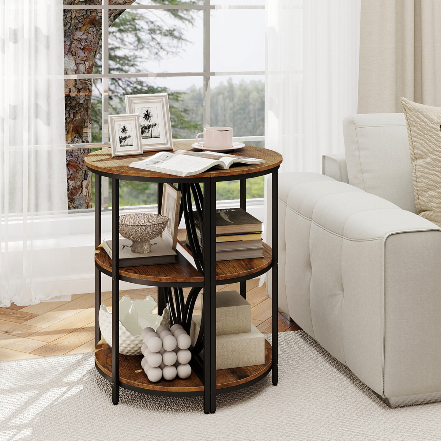 3-Tier Semi-Circular Side Table Metal MDF Narrow Accent Table