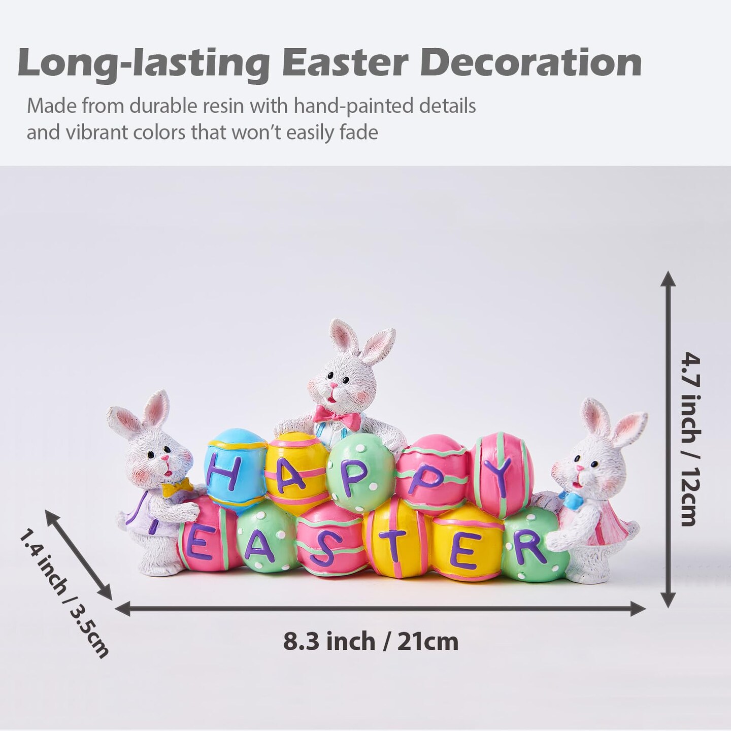 3 Bunny Holding Eggs and Happy Easter Decorations, Resin Easter Bunny Rabbits Figurine Tabletop Centerpiece for Spring Decor Easter Home Office Party Decor