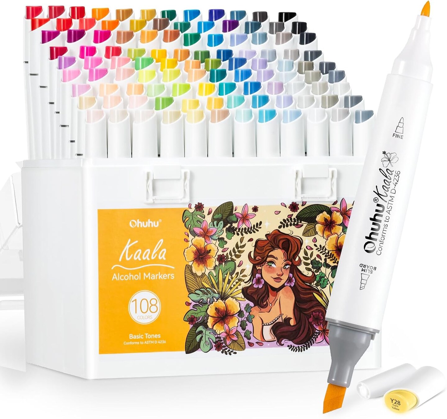 Ohuhu Alcohol Markers 108 Set: Dual Tip Fine & Slim Broad Alcohol-based Refillable Art Markers for Artist Adult Coloring Illustration Drawing Manga 108 Colors - Kaala Series