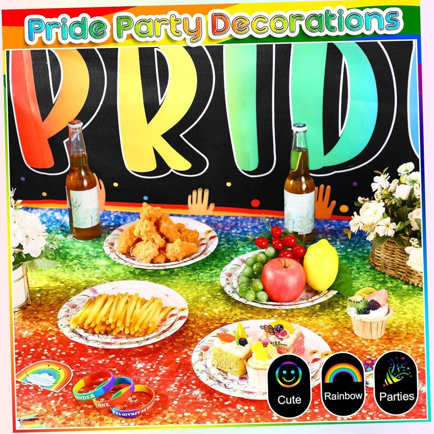 4 Pcs Pride Party Decorations Includes 3 Pcs Rainbow Tablecloth and 1 Pcs Rainbow Table Covers