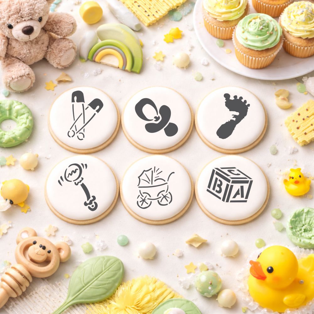 3-Inch Large Baby Cookie & Cupcake Stencils: Baby Carriage, Rattle, Pacifier, Block, Diaper Pins, Footprint | C197 by Designer Stencils |