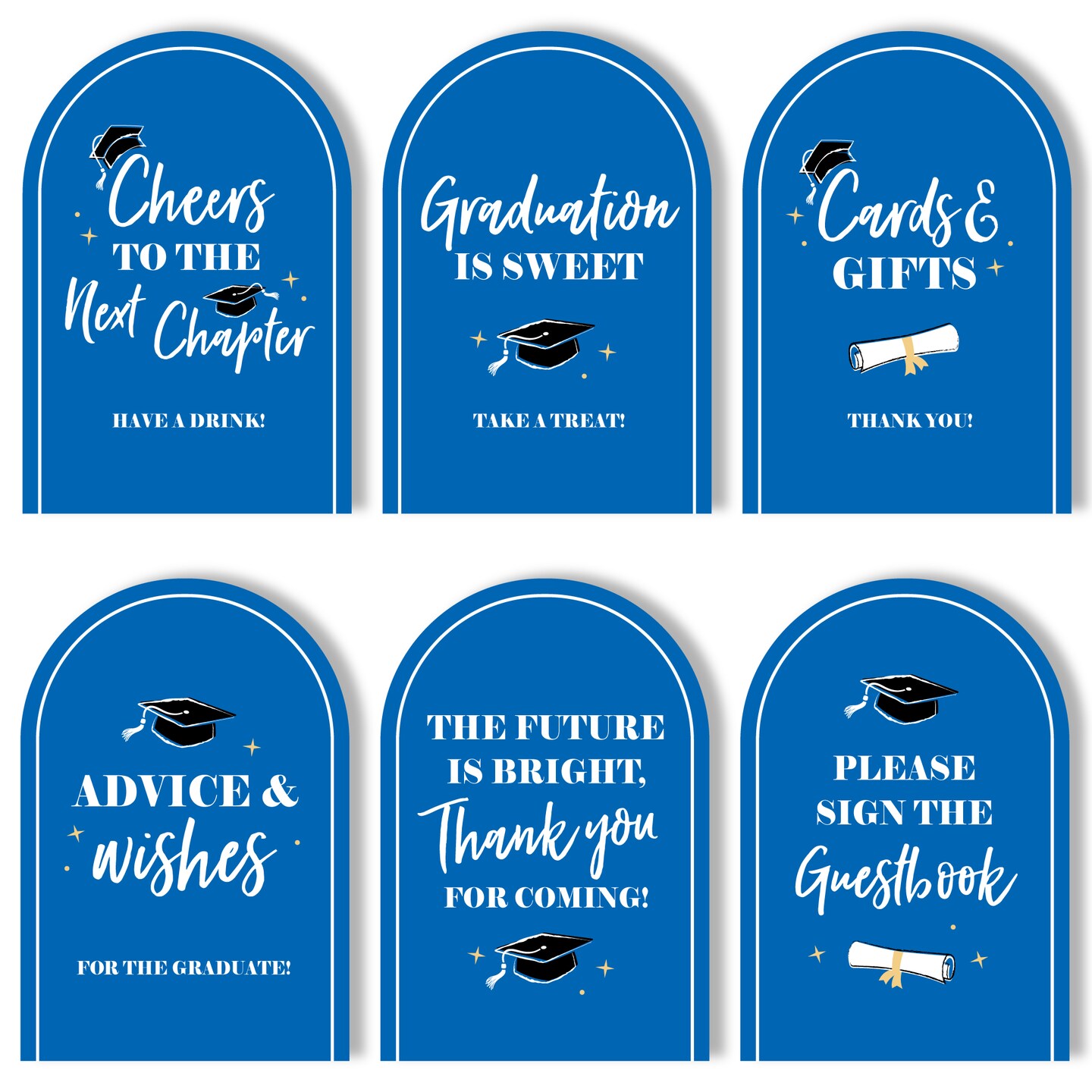 Big Dot of Happiness Blue Graduation Party Signs with Stand Set, Table Sign Bundle Food, Drinks, Cards Gifts, Guestbook, Advice Wishes, Favors, 6 Ct