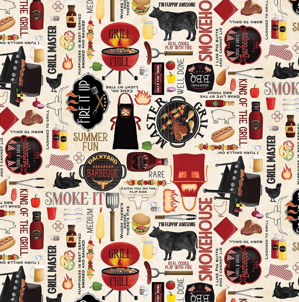 Fabric Benartex Ecru Backyard BBQ Hot Stuff by the Quarter Yard 15091-70
