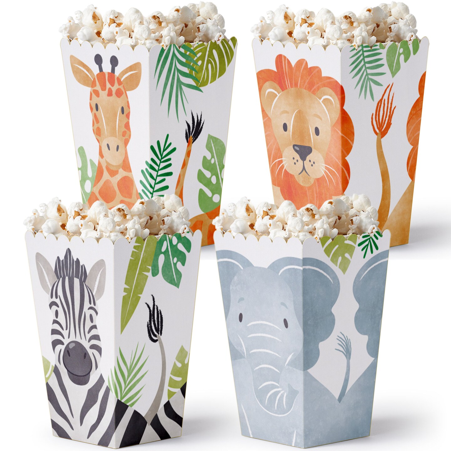 Big Dot of Happiness Safari Animals Popcorn Boxes, Jungle Birthday or Baby Shower Favors, Assorted Treat Boxes of Giraffe Lion Zebra Elephant - 12 Ct