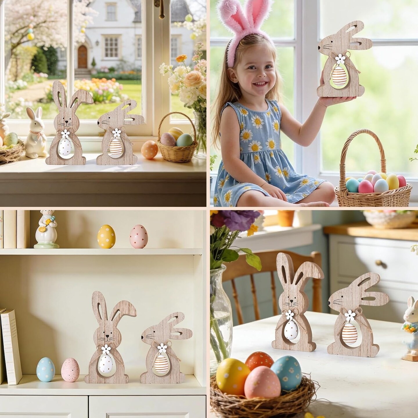 Easter Bunny Table Decor Wooden Signs Tiered Tray Decor Rustic Easter Wood Sign Farmhouse Bunnies Rabbit Dining Table Decorations for Home Party Mantle Shelf Spring Holiday