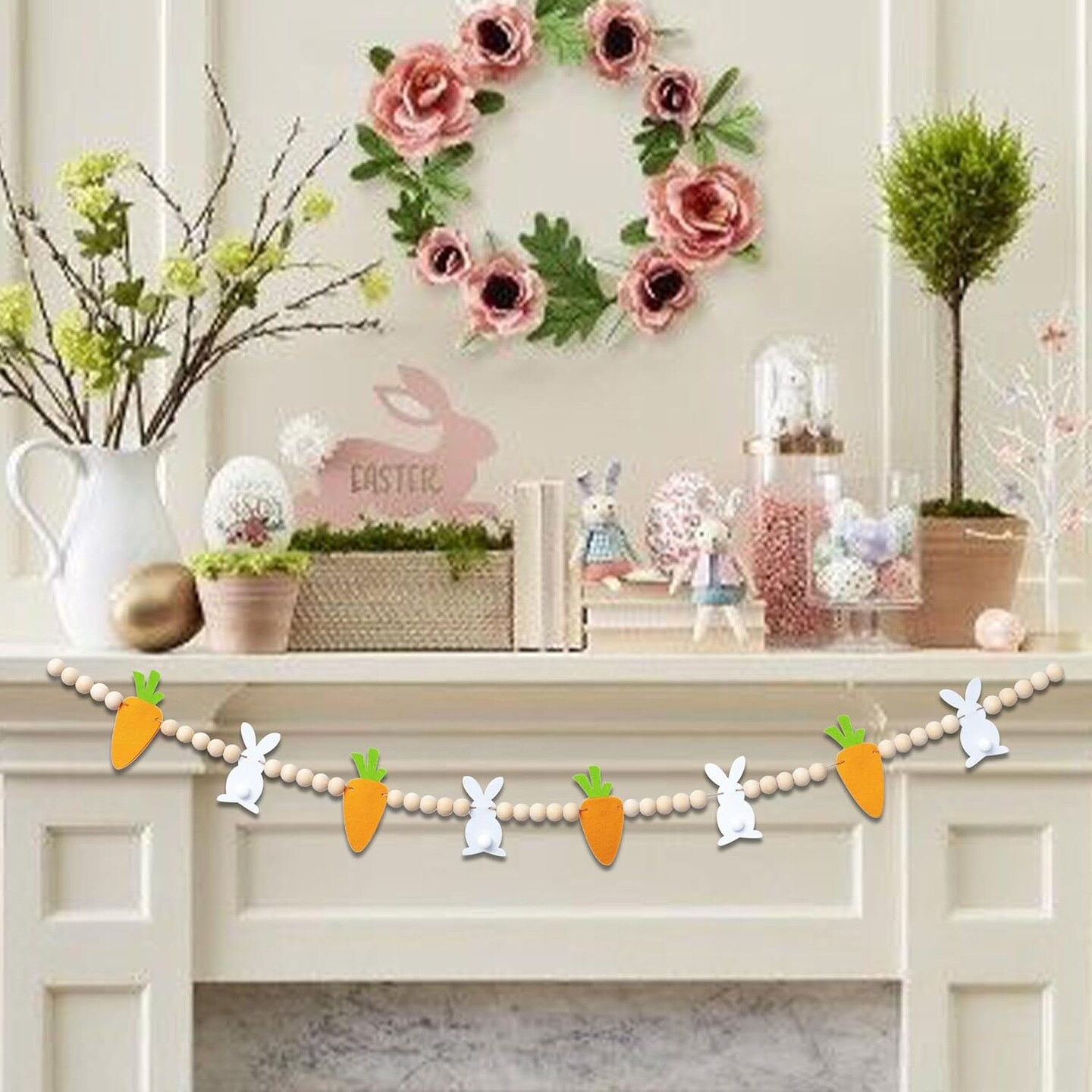 Easter Bunnies & Carrots Garland – Felt Bunny & Wooden Beads Banner for Wall, Fireplace, Party Table & Spring Decorations