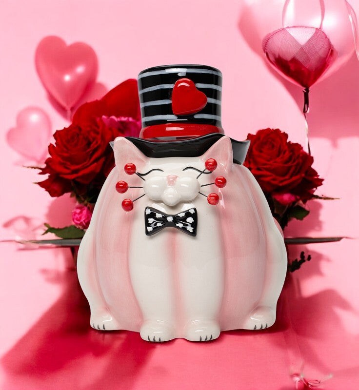Ceramic Valentine Themed Whiskered Cat Chocolate Candy Jar, Gift for Her, Gift for Mom, Valentine&#x2019;s Day D&#xE9;cor, Romantic D&#xE9;cor