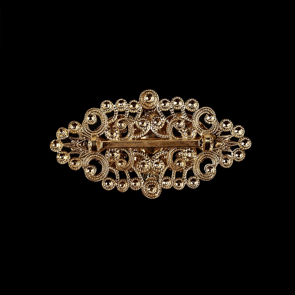 Vintage Czech Crystal Rhinestones and Gold Open Framework Brooch with Cabochon Core 1.1875&#x22; x 2.125&#x22;