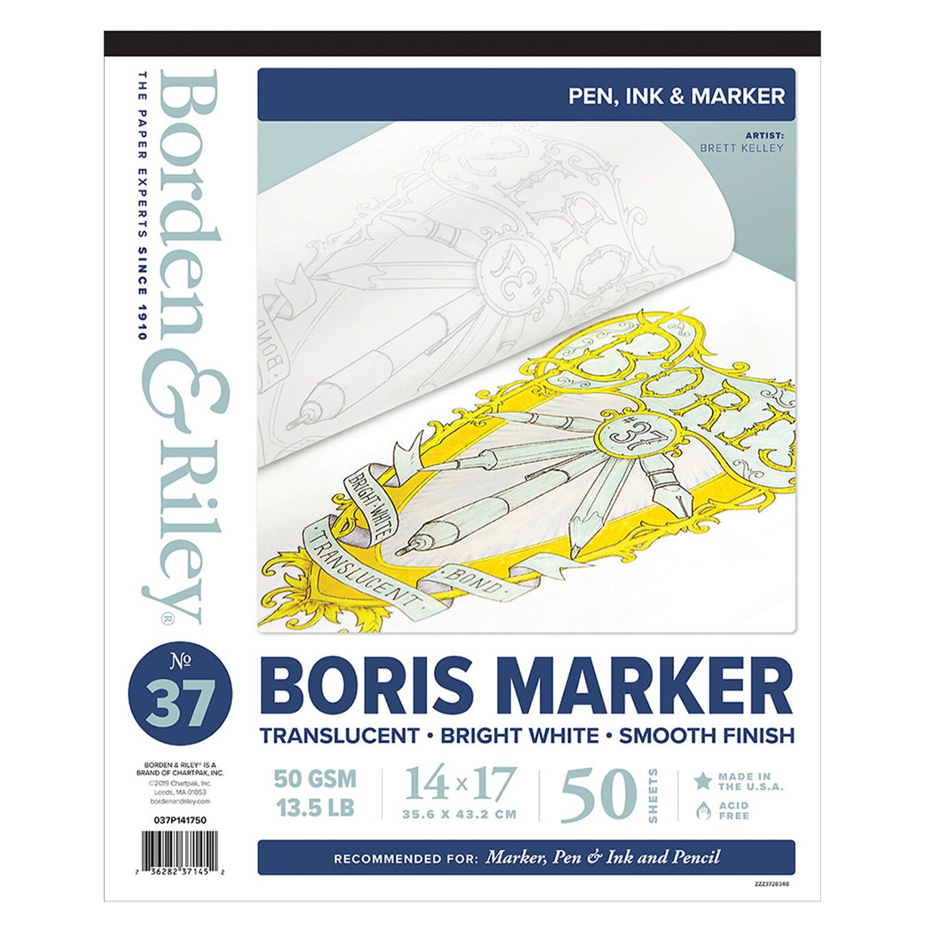 Borden &#x26; Riley #37 Boris Marker Layout Bright White Translucent Bond Paper Pad, 40 GSM/13.5 lb., 1 Pad Each&#xA0;
