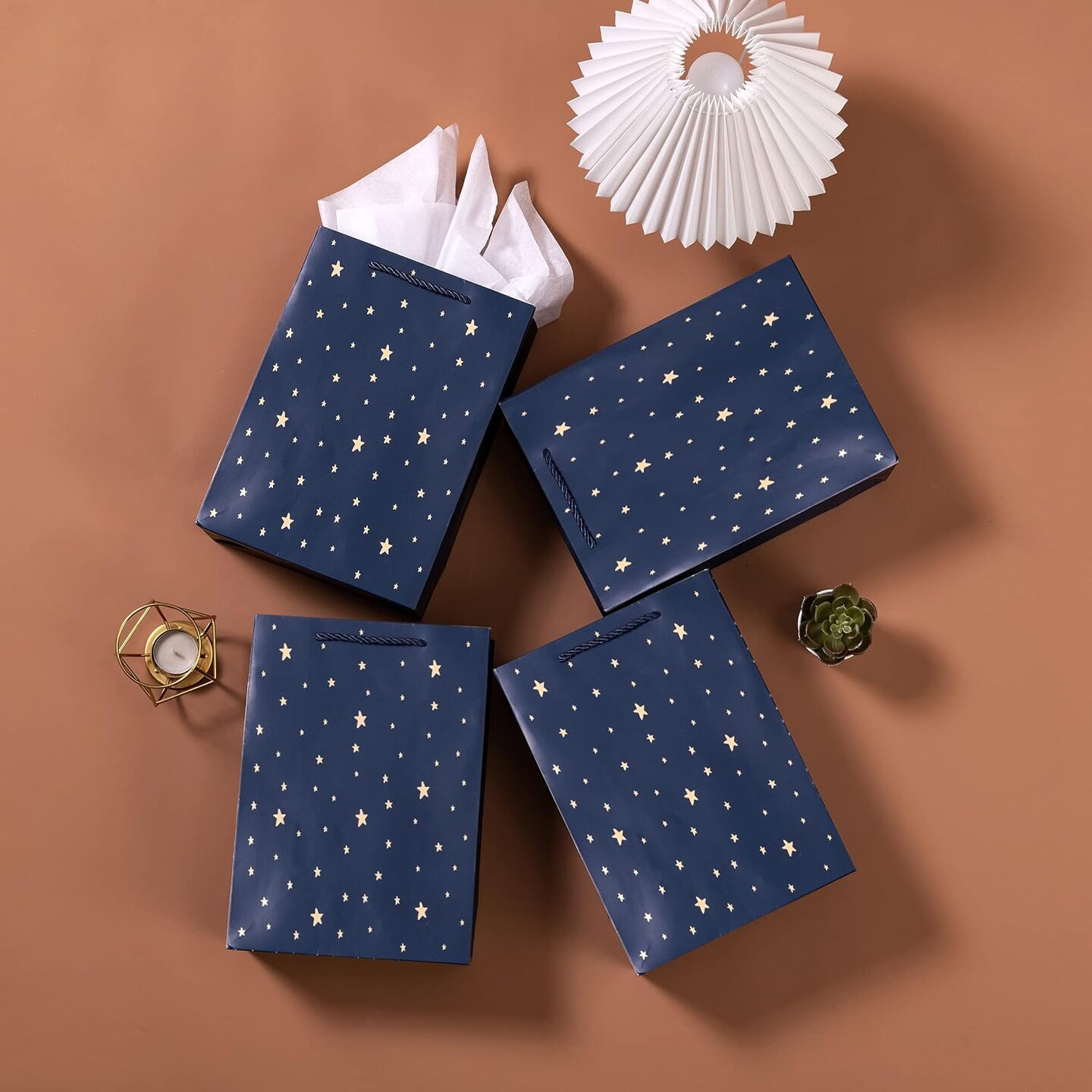 Gift Bags, 10 Pack Navy Blue with Gold Foil Stars, Kraft Paper Bags with Handles, Bulk for Men, Groomsmen
