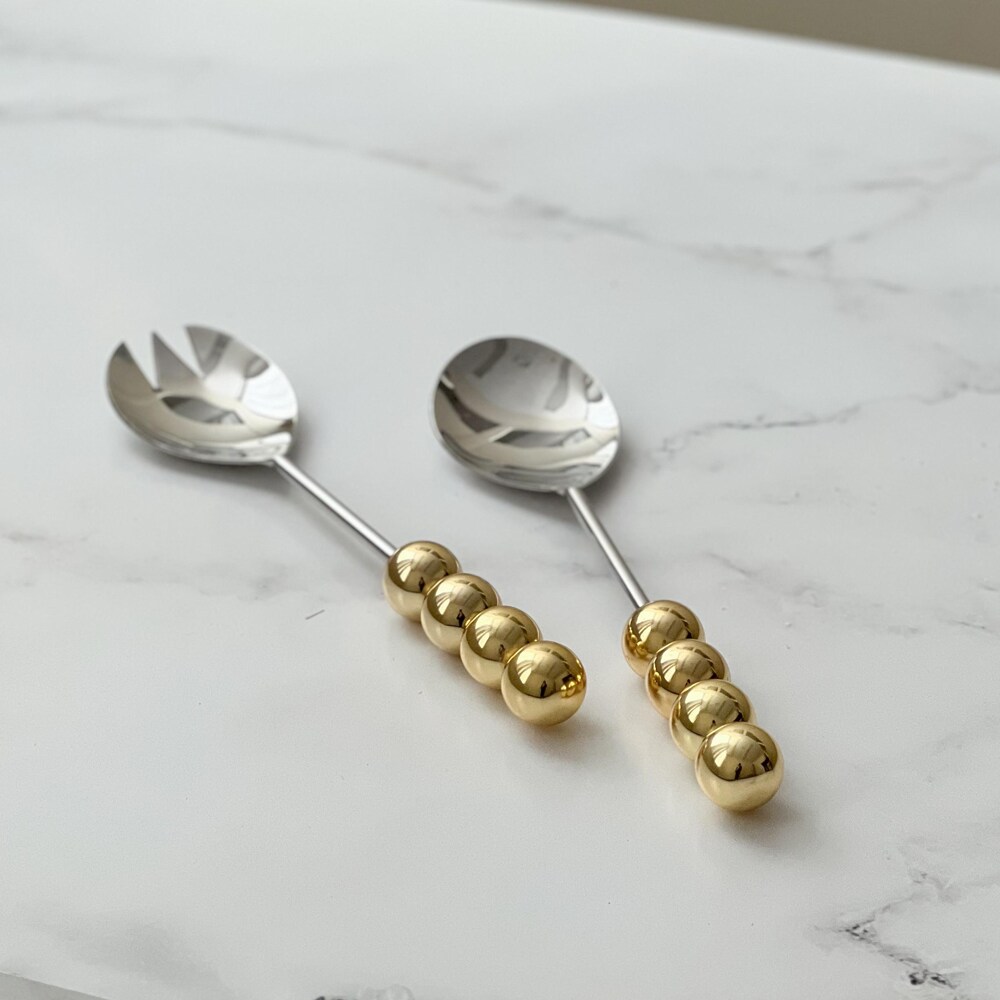 Stainless Steel Salad Server With Gold Balls