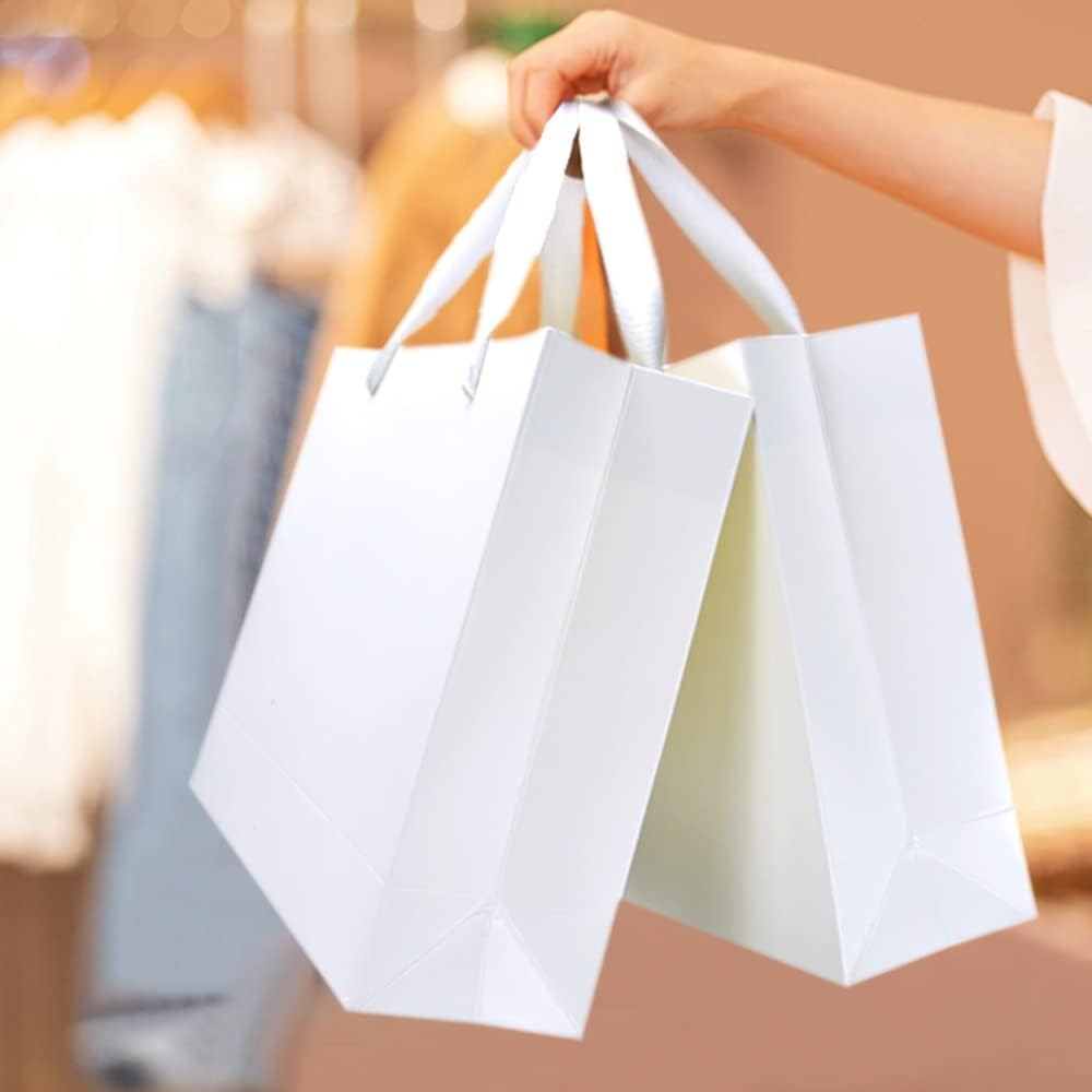 12 Pack White Gift Bags with Ribbon Handles, Medium Size, Reinforced Bottom