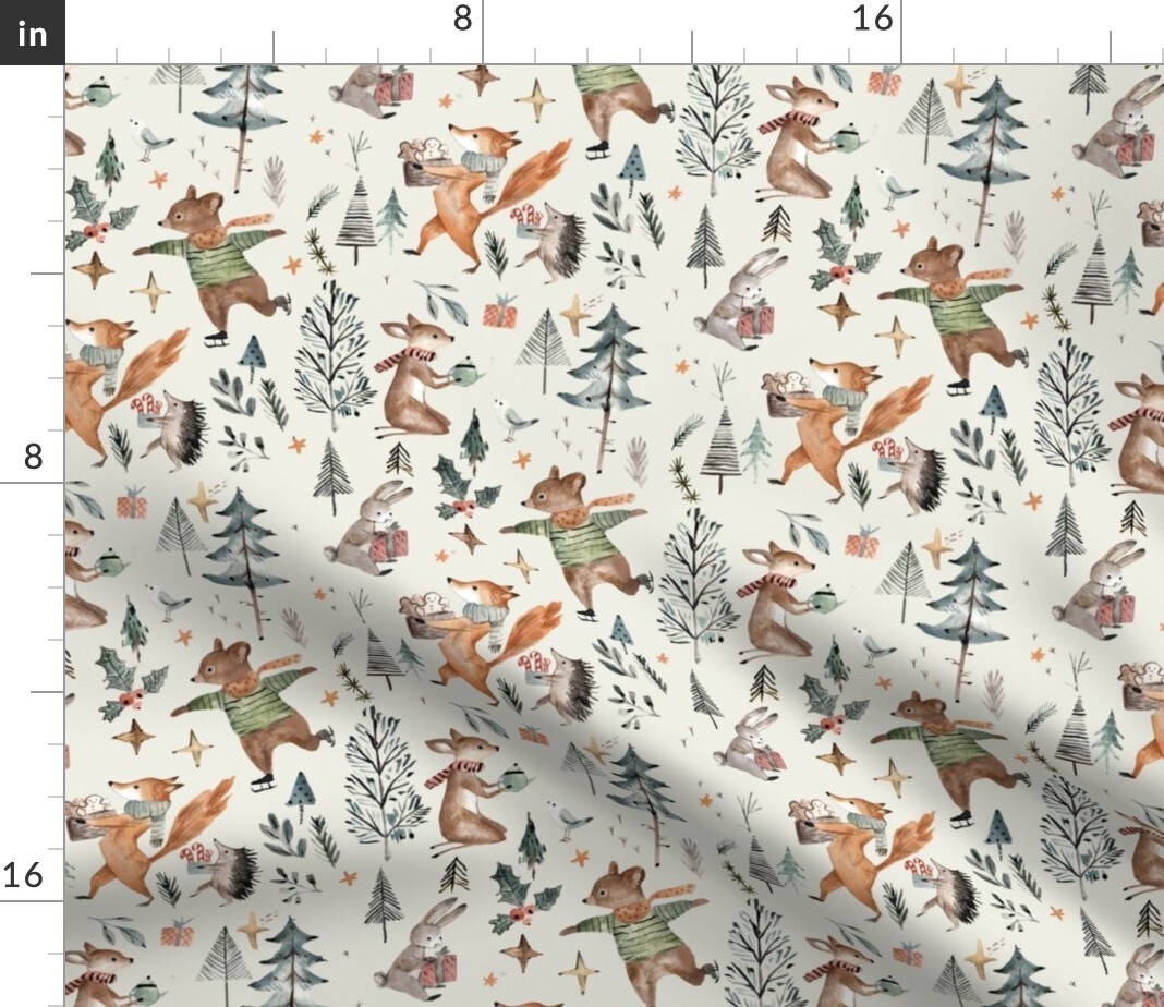 Tree Winter Christmas Animals Ice-Skating Fox Bear Bunny Custom Printed Fabric by Spoonflower Various Fabrics by the Yard or Fat Quarter