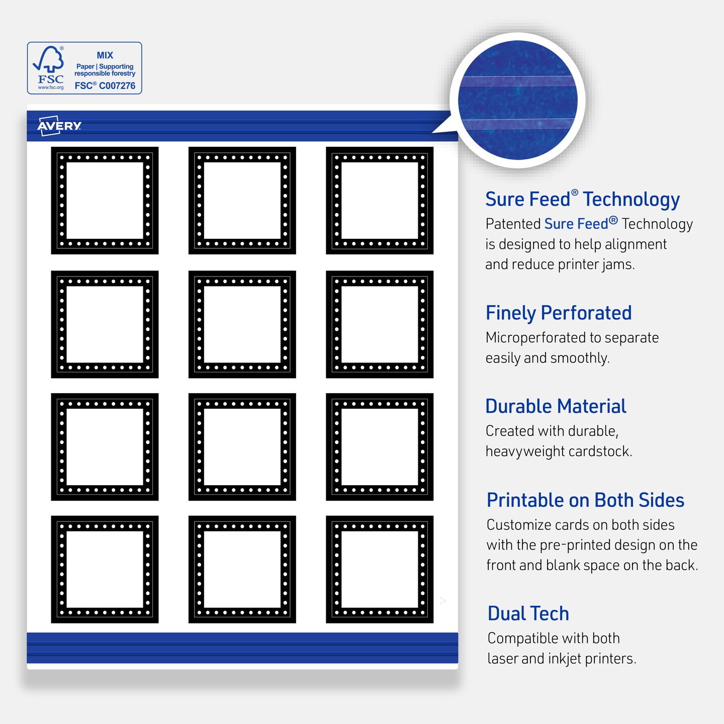 Avery Printable Square Cards, Black and White Polka Dots, 2" x 2", Matte White Square Cards, Laser/Inkjet, 120ct, Great for Business Cards