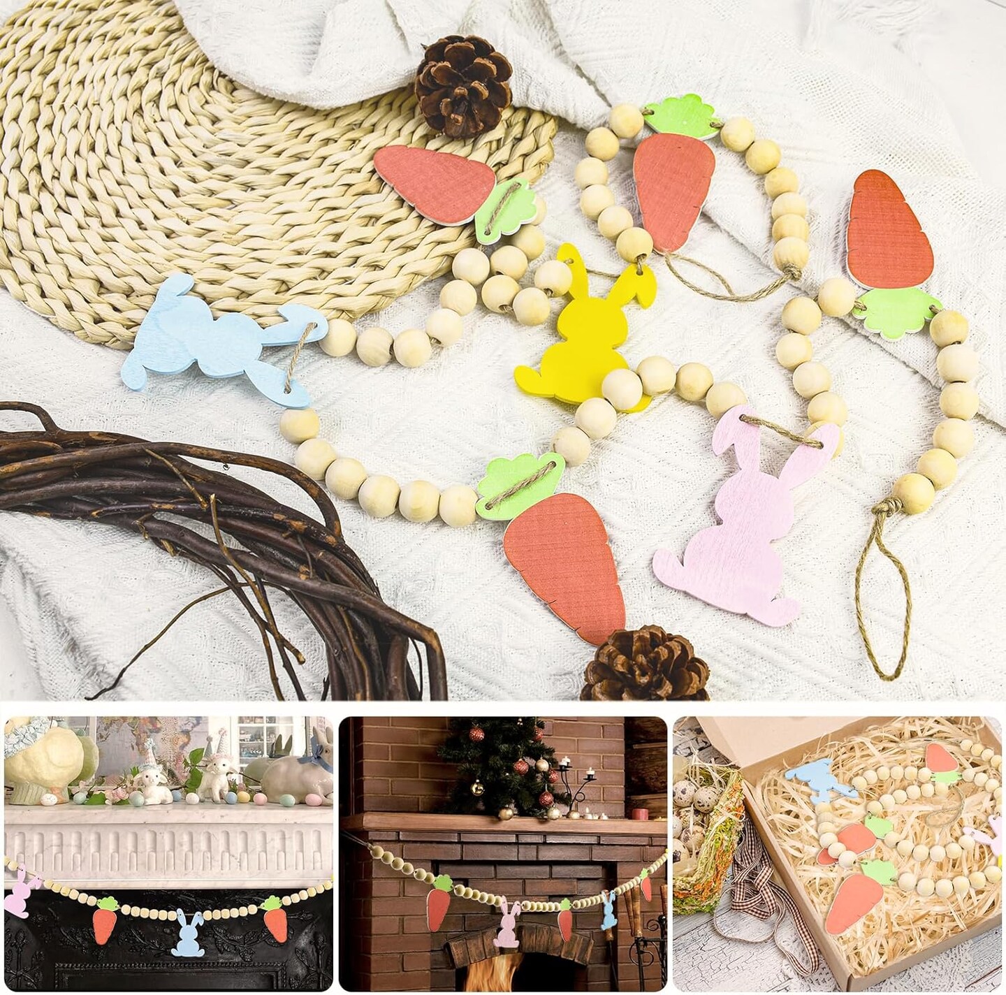 4.1 Ft Easter Bunny Garland – Wooden Beads Banner with Rabbits & Carrots for Mantel, Wall, Fireplace & Spring Home Decor