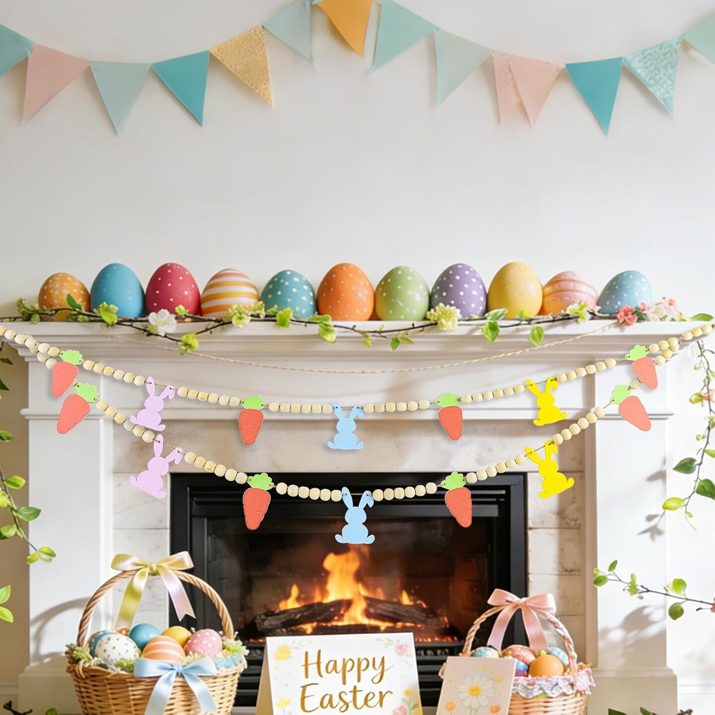4.1 Ft Easter Bunny Garland – Wooden Beads Banner with Rabbits & Carrots for Mantel, Wall, Fireplace & Spring Home Decor