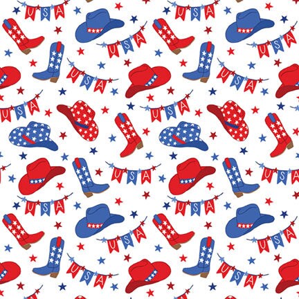 Fabric P & B Textiles White Boots and Hats Allover Patriotic Minis by the Quarter Yard PMIN6060-W