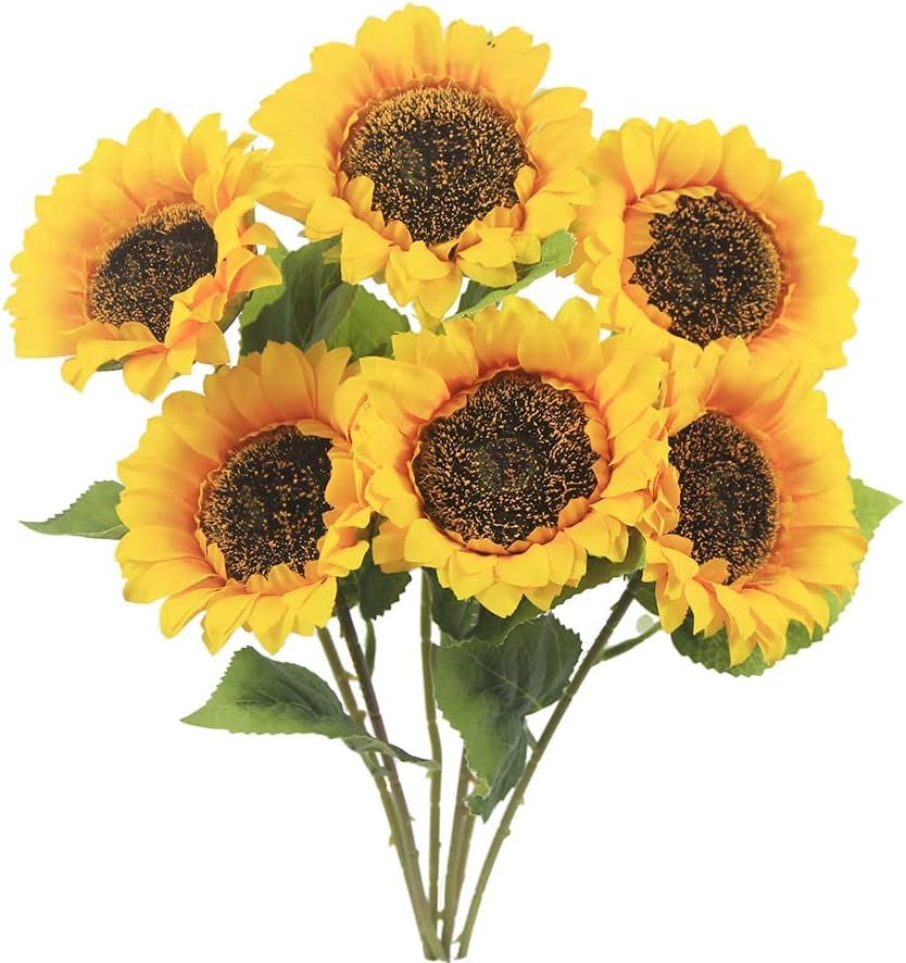 Summer Floral Arrangement - 6PCS Artificial Sunflowers with Stems, Realistic Silk Yellow Flowers for Wedding, Table Centerpieces, and Indoor/Outdoor Decoration