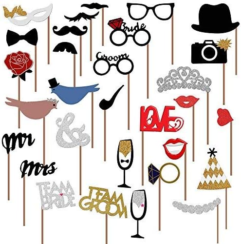 31Pcs Wedding Photo Booth Props &#x2013; Funny Photo Booth Accessories with Variety Themes &#x2013; Diverse &#x26; Vibrant Props for Photobooth, Designed to Elevate Wedding, Birthday &#x26; Party Photoshoots