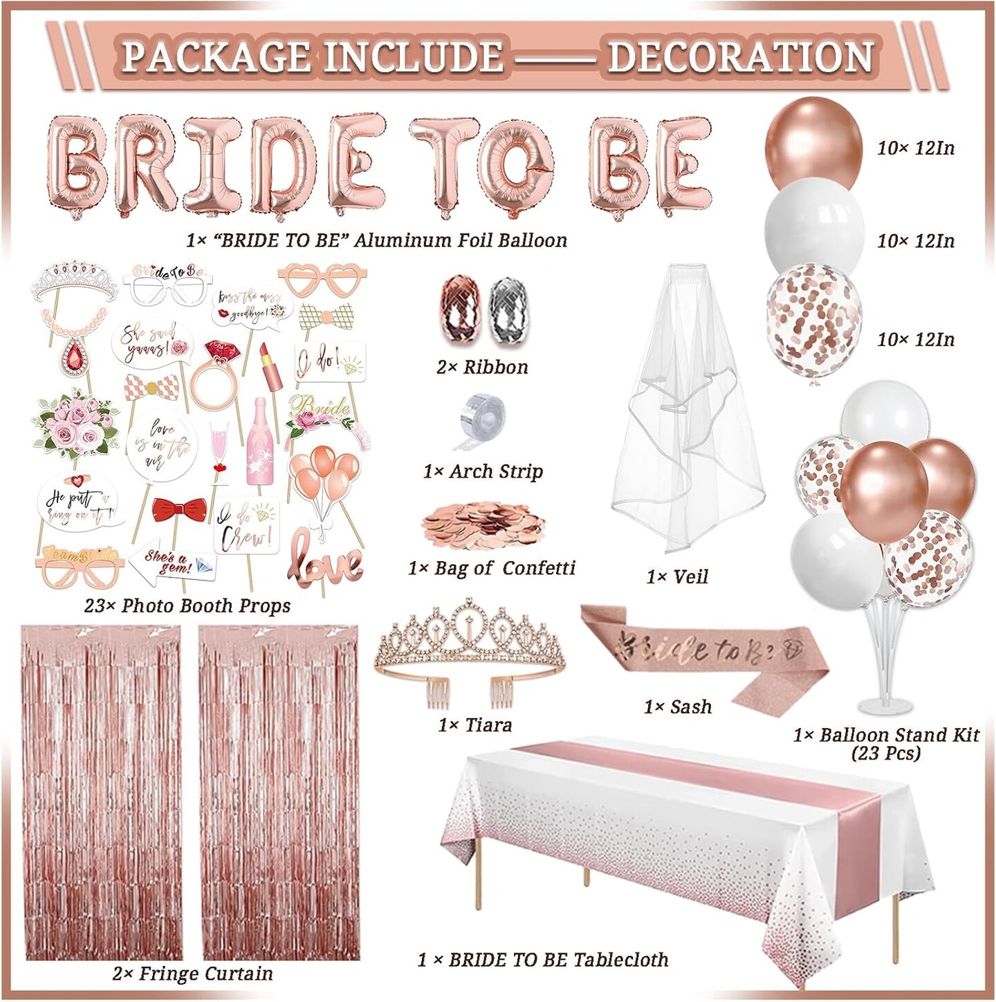 274 Pcs Rose Gold Bridal Shower Decorations, Bachelorette Party Decorations Favors - &#x22;BRIDE TO BE&#x22; Banner, Veil, Balloon, Photo Props, Tableware with Rose Gold for 25 Guests